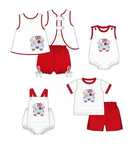热卖女婴男童精品服装套装儿童7月4日服装小狗狗旗设计夏季工作服