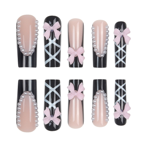 24 <span class=keywords><strong>Uñas</strong></span> Postizas Largas Cuadradas <span class=keywords><strong>con</strong></span> Líneas, Diseño 3D <span class=keywords><strong>de</strong></span> Lazo y Flor, Accesorios Brillantes <span class=keywords><strong>con</strong></span> Diamantes, <span class=keywords><strong>Uñas</strong></span> Postizas Estilo Francés Negro - Product Image 5