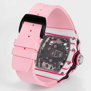 Montre mécanique squelette tourbillon résistante aux chocs TPT Tonneau en quartz rose pour homme, ultra-légère, de luxe, avec bracelet en caoutchouc - Product Image 4