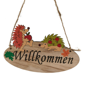 Letrero Colgante de Madera con Diseño de Erizo, Decoración Rústica Ovalada para el Hogar, Placa de Bienvenida Alemana 'Willkommen', Artesanía en Madera de Álamo - Product Image 1
