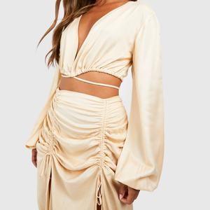 2025 New Design Women Clothing Highly Customized Linen Set <b>Long</b> Sleeves Top with High <b>Split</b> <b>Skirt</b> Lady Two Piece Sets - Product Image 2