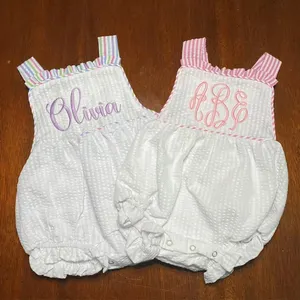 Groothandel Leeg Baby Meisje Kleding Custom Zomer Monogram Wit Seersucker Baby Bubble Romper