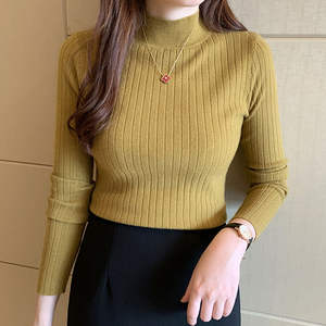 Pull tricoté côtelé uni respirant pas cher pour femme, col semi-montant, manches longues, blanc et noir, collection printemps-hiver - Product Image 3