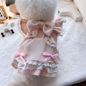 Robe de princesse avec nœud pour petits et moyens chiens, vêtements pour animaux de compagnie printemps, robe d'ange rose nude avec bordure en dentelle - Product Image 1