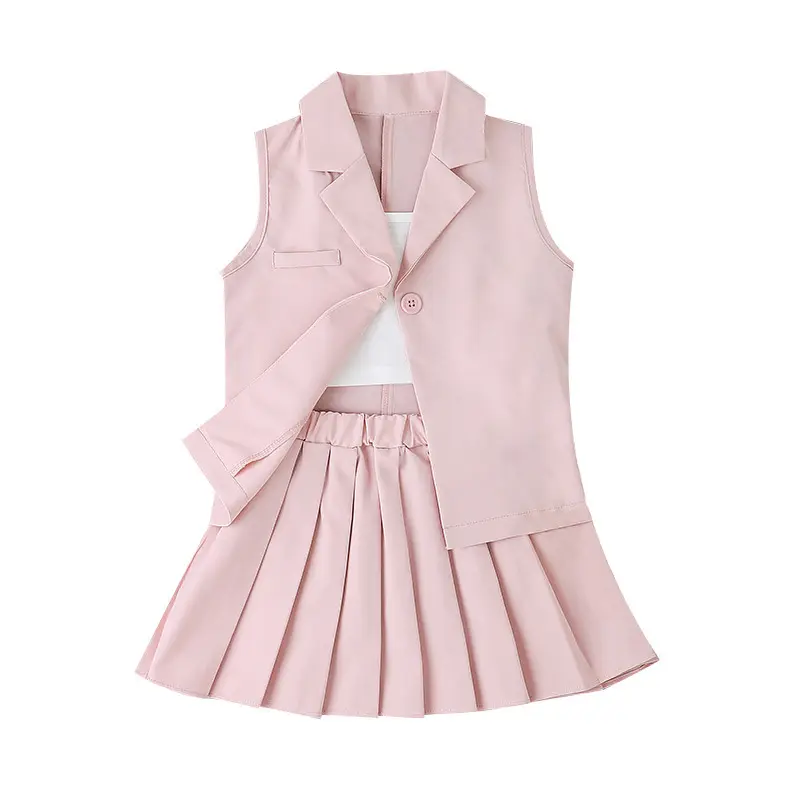 Set pakaian anak-anak untuk anak perempuan, baju atasan pendek tanpa lengan 4-7 Tahun warna merah muda dengan rompi