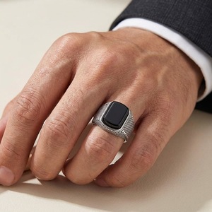 Men's Geometric Black Agate <b>Ring</b> Silver <b>Adjustable</b> Wide Band Bezel Setting Jewelry Gift - Product Image 3