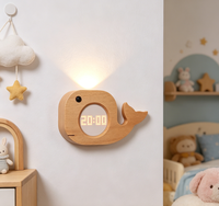 Jam Alarm Digital Kayu Beech Kartun Lampu Malam Sensor Gerak LED Putih Hangat Pemasangan Dinding Magnetik Tipe-C Dapat Diisi Ulang