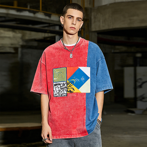 Customize Streetwear Vintage Applique O-neck 100% Cotton Acid Wash Anti-shrink Graphic Color Block Eco-friendly T-shirt for Men - Product Image 3
