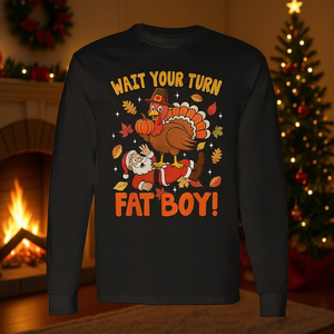 Camiseta de manga larga con estampado digital de Wait Your Turn Fat Boy Turkey On Santa, unisex, para adultos, cuello redondo, para fiestas familiares - Product Image 2