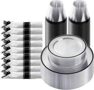 طقم أدوات مائدة بلاستيكية شفافة قابلة للتخصيص من XUELI بحواف ذهبية، صحون يمكن التخلص منها صديقة للبيئة لـ 50 شخصًا - Product Image 1