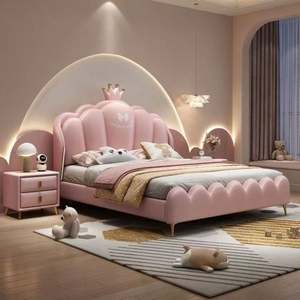 Crown Princess Kids Bed 1,5 m y 1,8 m Cama doble individual tapizada de madera maciza para niñas Muebles de dormitorio de ensueño - Product Image 4