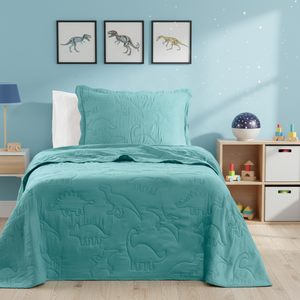 Lindo Juego <span class=keywords><strong>de</strong></span> Cubrecamas Moderno y Duradero con Estampado <span class=keywords><strong>de</strong></span> <span class=keywords><strong>Dinosaurios</strong></span> en Color Verde Azulado, Cubrecama <span class=keywords><strong>de</strong></span> Microfibra Ultra Suave para Niños con Borde Ondulado - Product Image 5