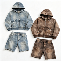 Ensemble 2 pièces homme : Sweat à capuche en jean brodé oversize et short zippé délavé, coupe courte et effilochée, tailles et couleurs personnalisables, collection automne