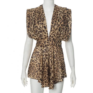 2025, venta al por mayor, camisas de vestir sexis con cuello en V profundo, vestidos con estampado de leopardo, Mini camisas de vestir sexis con cuello en V profundo para mujer con cintura elástica - Product Image 3
