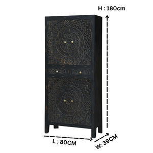 Hand Carved Wooden <b>Wardrobe</b> Almirah with Mandala Design Black Antique 2 Door Storage Cabinet with Drawer Luxury Bedroom <b>Wardrobe</b> - Product Image 2