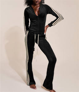 Damen-Outfit Gestreiftes Patchwork Langarm-Kapuzen-Crop-Top und Hose Lässiges Sport-2-Teiler-Set - Product Image 2