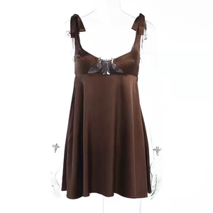 Vestito <span class=keywords><strong>Mini</strong></span> Estivo Elegante con Lacci, Stile Francese, Scollo Basso, in Raso, Tinta Unita, per Donna - Collezione Hot Sale - Product Image 5