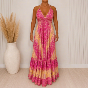 Women's Pink & Beige Paisley Print Boho <b>Halter</b> Maxi <b>Dress</b> A-Line Sleeveless Loose Fit <b>Summer</b> Casual Floor-Length Ruffles - Product Image 1