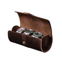Boîte de rangement portable créative pour montres, en cuir Crazy Horse vintage, avec fermeture à bouton-pression ronde, 3 emplacements, pour hommes et femmes