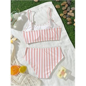 FOXA Conjunto de bikini a rayas de 2 piezas para niñas, top de baño con tirantes finos y parte inferior tipo tanga, trajes de baño bonitos para adolescentes - Product Image 3