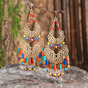 Bohemian Tassel Earrings Gold Plated Alloy Women's Party Fashion Dangle Jewelry <b>Colorful</b> <b>Beaded</b> Chandelier Style - Product Image 1