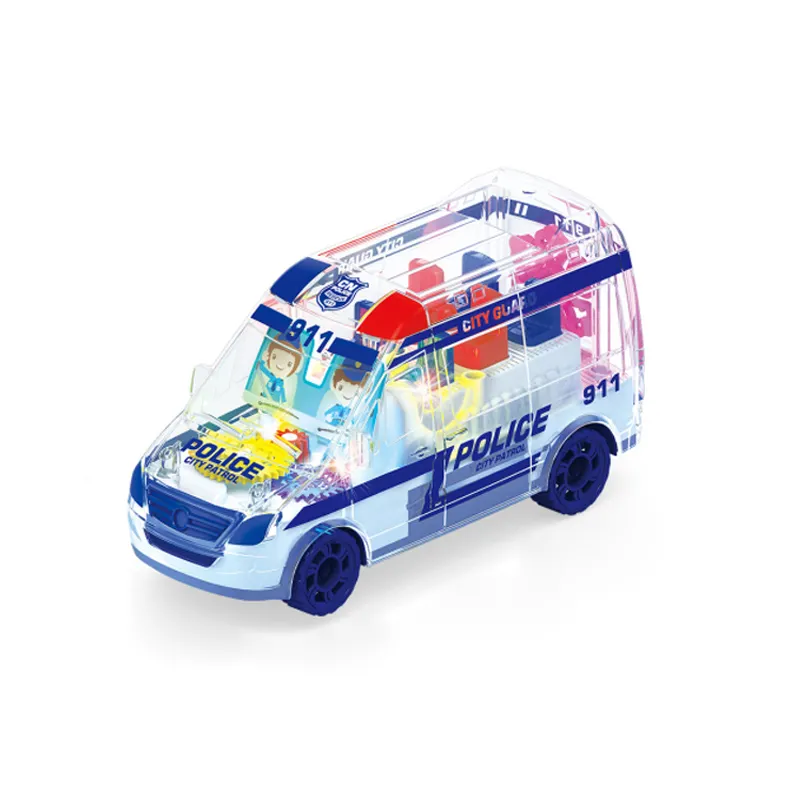 Hot selling cartoon toys for children universal electric sound light toy car transparent gear ambulance police model car