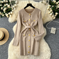Robe décontractée élégante pour femmes, en tricot, à manches longues, avec ceinture à la taille, boutons dorés, poches, pour un usage quotidien, robes élégantes pour femmes