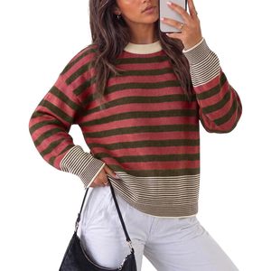 Pull rayé personnalisé pour femme, col rond, manches longues, tricot doux en coton, haut décontracté pour l'automne - Product Image 1