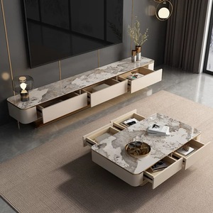 Set Moderno di Lusso con Mobile TV in Legno e Marmo e Tavolino Rettangolare <span class=keywords><strong>Grande</strong></span> con Design in Acciaio Inox Dorato per Arredamento Soggiorno - Product Image 3