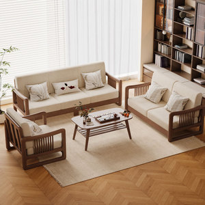 Solid Wood Sofa Three Seater New Chinese Style Living Room Furniture Upholstered Fabric And Wood Design - Product Image 3