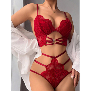 Ensemble de lingerie sexy en dentelle pour femme, soutien-gorge push-up sans armatures confortable, anti-exposition et réglable, pour le commerce transfrontalier - Product Image 2
