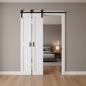 Porte de grange pliante en MDF 48 x 84 pouces, blanche, design à cadre en H, pré-assemblée, pour chambre, salon, séparateur de placard, avec quincaillerie - Product Image 2