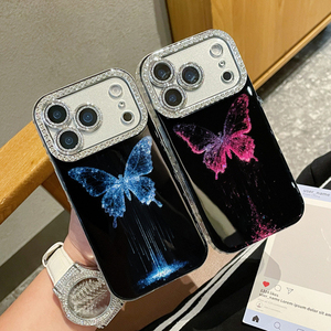 Étui <span class=keywords><strong>de</strong></span> téléphone portable Bling Diamond Butterfly <span class=keywords><strong>pour</strong></span> iPhone 16 15 14 13 Pro Max Plus, objectif d'appareil photo en verre IMD, coque rigide noire brillante en PC - Product Image 2