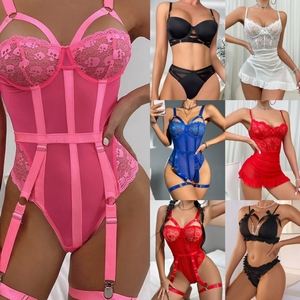 Conjunto de lencería sexy transpirable para mujer con tirantes de encaje de malla, lazo y control de luz, bordado 3D, venta al por mayor, novedad - Product Image 3
