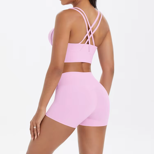 High Quality Women's 2 Piece Yoga Set Cross Back Sports <b>Bra</b> High Waist Shorts Shockproof Breathable Fitness Wear Gym Outfits - Product Image 4