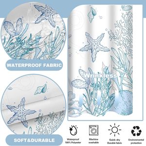 Marine-style Blue Minimalist Line Print, No Hook Waterproof <strong>Shower</strong> <strong>Curtain</strong> <strong>with</strong> <strong>Lining</strong> - Product Image 6