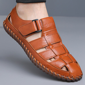Sandales en cuir véritable à brides croisées pour hommes, bout ouvert, bride à boucle, semelle en caoutchouc antidérapante, chaussures décontractées d'été - Product Image 1