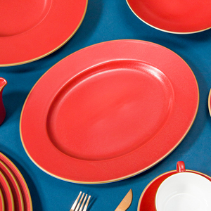 Retro Gold Rim Dinnerware Attractive Red Reactive Glaze <strong>Crockery</strong> Rustic Kitchen Tableware <strong>Christmas</strong> Plates Decorative Dinner <strong>Set</strong> - Product Image 3