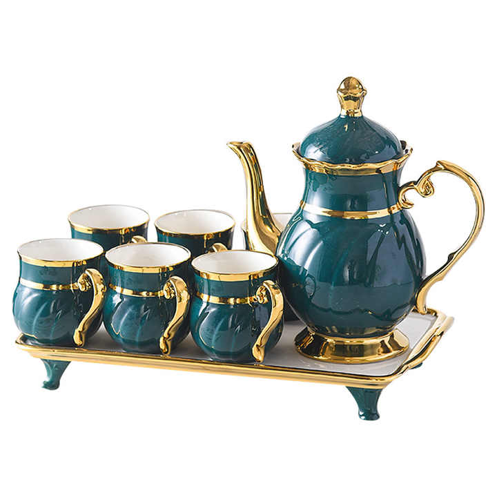 Vintage Ceramic Tea Cup Set with Teapot Gold Porcelain Luxury 8pcs Rim White Pink Green Yellow Customized Logo Europe 6 Set