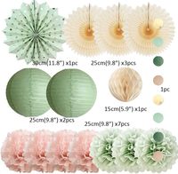 Décorations de fête vert sauge et rose blush, lanternes en papier, éventails en papier, pompons en papier de soie rose clair pour anniversaire, baby shower