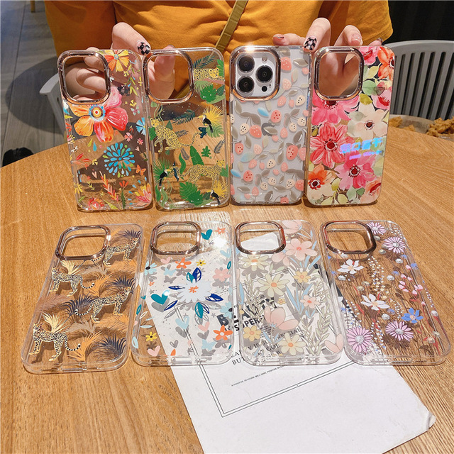 Luxury Electroplating Wild Flower Designer Transparent Print Flower Mobile Phone Case Cover for iPhone 14 Promax 12 11Pro XSmax