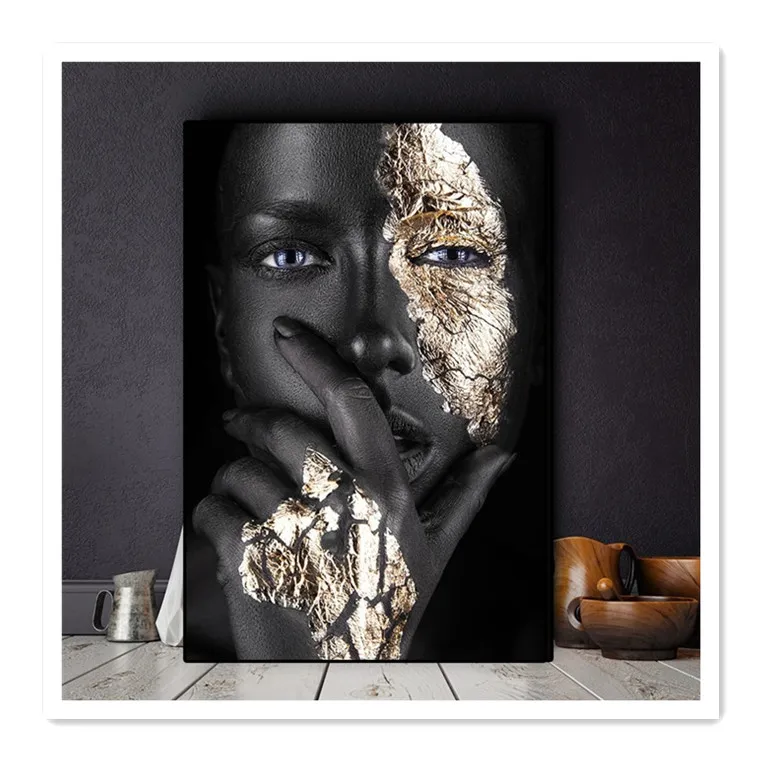 ArtUnion-Cuadro de Arte de pared para mujer africana, cuadro de porcelana de cristal de moda de lujo, luz india, negro y dorado