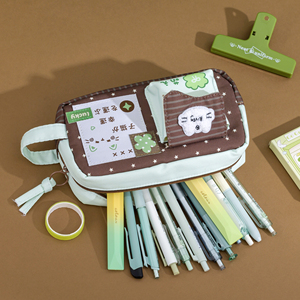 Estuche para lápices con diseño de gato y trébol de cuatro hojas de estilo japonés, bolsa de almacenamiento de lona con múltiples bolsillos, gran capacidad, portátil - Product Image 4