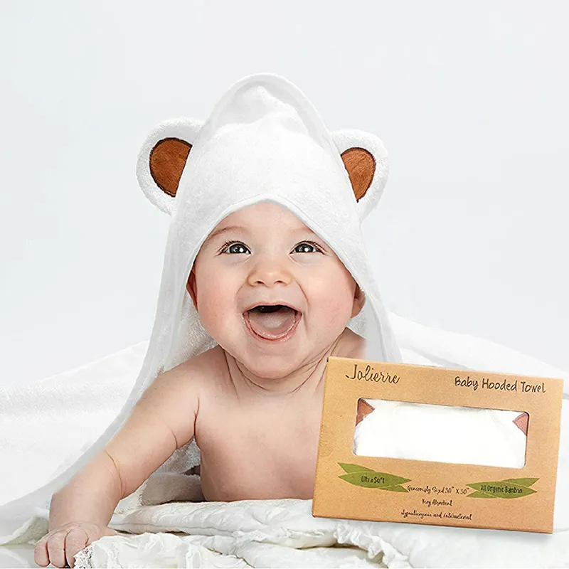 Г/кв. М, белое бамбуковое плотное махровое детское банное полотенце с капюшоном