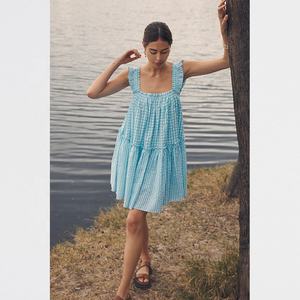 Robe Mini smock en coton à rayures et encolure carrée, tenue de luxe pour femmes, longueur moyenne, bleu marine, épissure <span class=keywords><strong>Aqua</strong></span> et blanc - Product Image 5