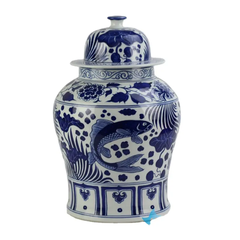 RYNQ196-C Dark blue color carp and lotus leaf pattern ceramic ginger jar