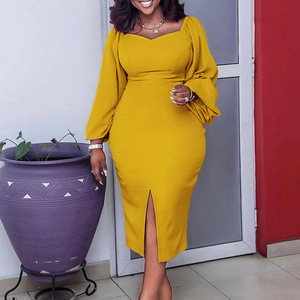 BH693 S a 3XL Mujeres Otoño Moda Dama Elegante plisado Lápiz Vestido largo - Product Image 2