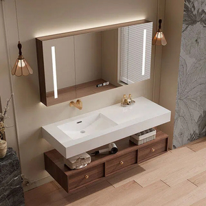 Walnut Wood Grain Bathroom Cabinet Smart <b>Mirror</b> Cabinet LED Monochrome Light Strip Hanging Sink Cabinet Body - Product Image 5