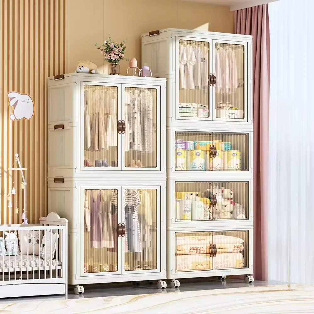 Desain Modern Stackable kotak penyimpanan depan terbuka anak lemari kabinet loker plastik lemari untuk bayi dengan 4 roda