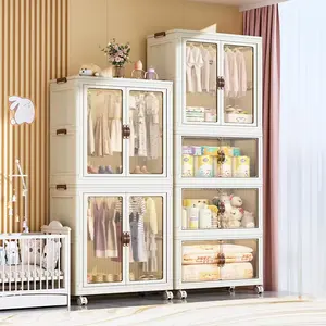 Boîte de rangement empilable au design moderne Armoire pour enfants avec penderie en plastique à 4 roues pour bébés